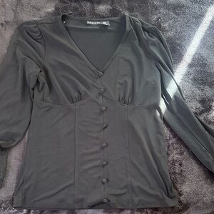 Tahari Elegant Black V-Neck Button-Down Shirt